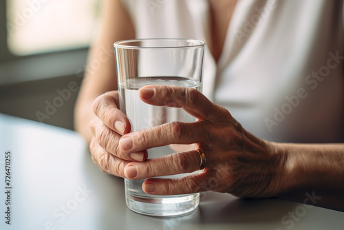 Close-up of wrinkled female hands holding a glass of water on a table at home.