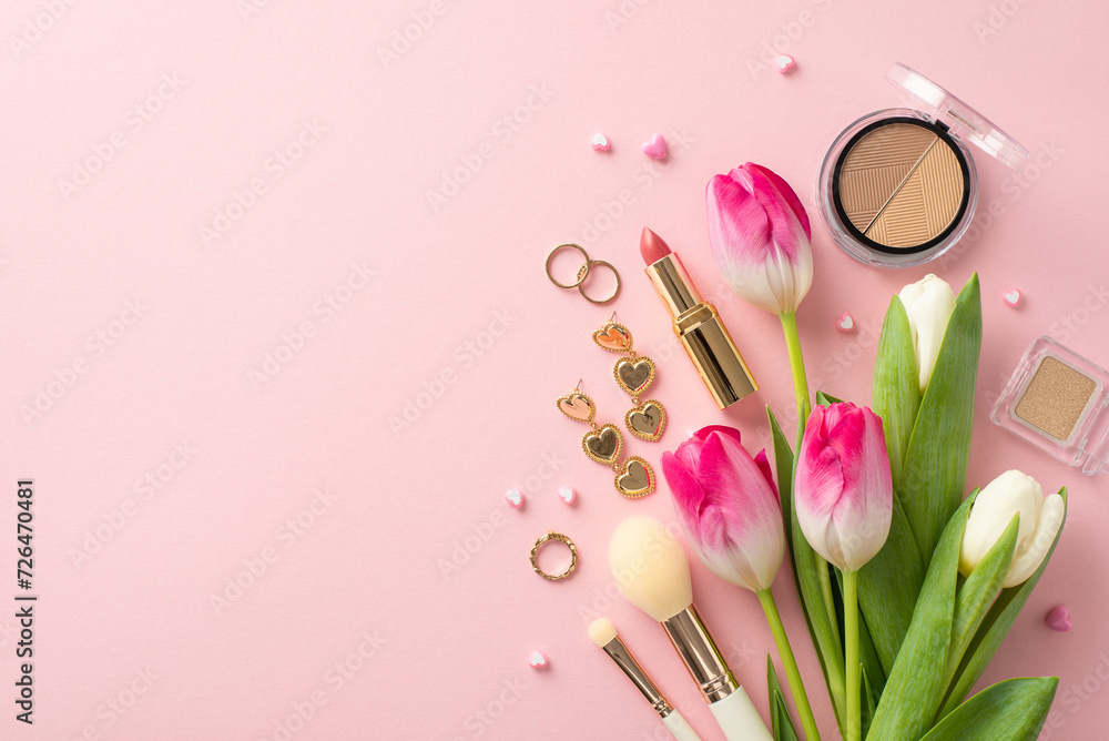 Sophistication in Bloom: Overhead composition with fresh tulips, eyeshadow, contouring palette, lipstick, cosmetic brushes, elegant jewelry, on pastel pink setting. Celebrate perfect lady with style Sophistication in Bloom: Overhead composition with fresh tulips, eyeshadow, contouring palette, lipstick, cosmetic brushes, elegant jewelry, on pastel pink setting. Celebrate perfect lady with style