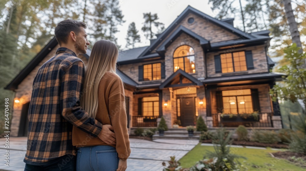 Rear view of young couple looking at their new house Rear view of young couple looking at their new house