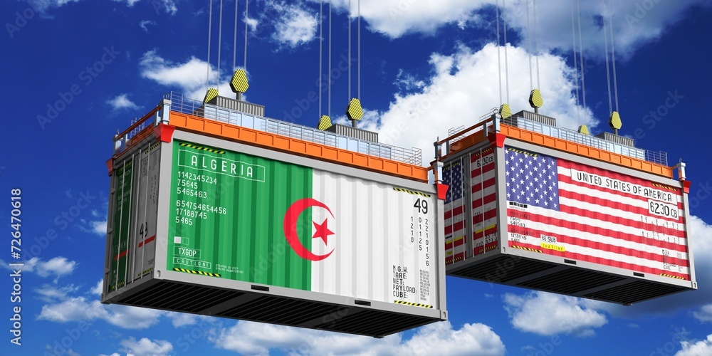 Shipping containers with flags of Algeria and USA - 3D illustration