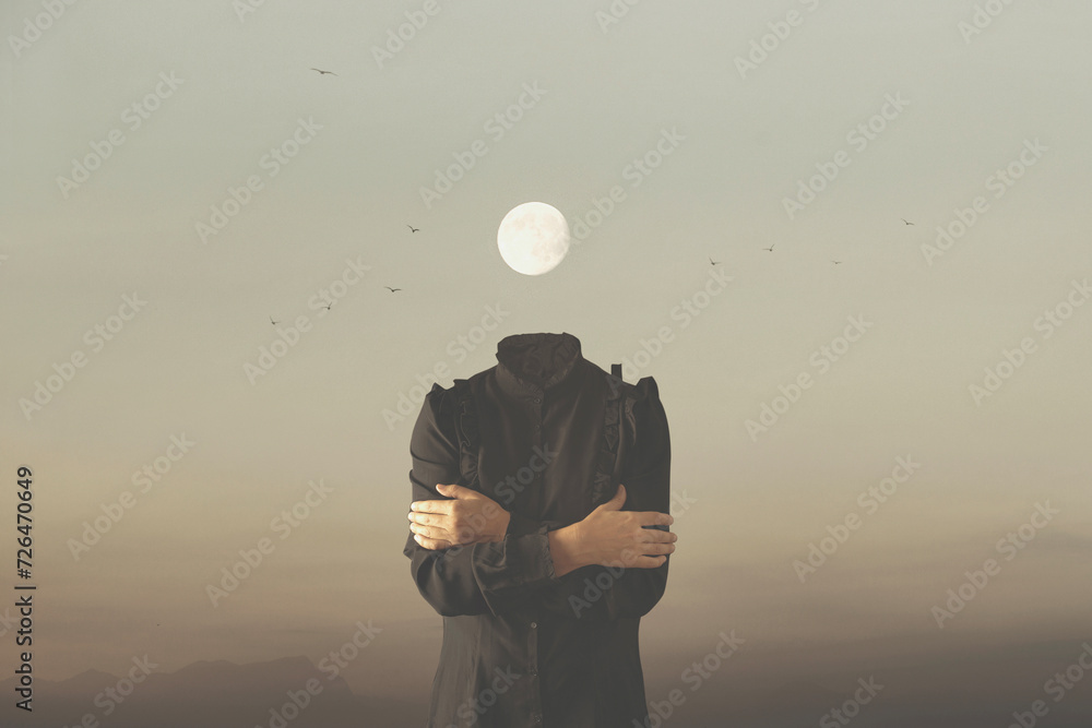 surreal moment of a woman with the moon in place of her face, abstract concept - obrazy, fototapety, plakaty 