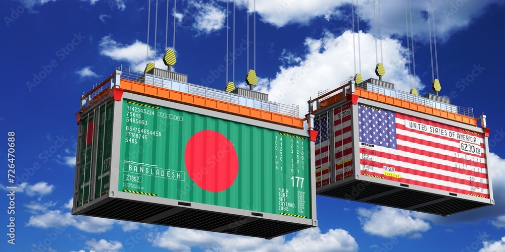 Shipping containers with flags of Bangladesh and USA - 3D illustration
