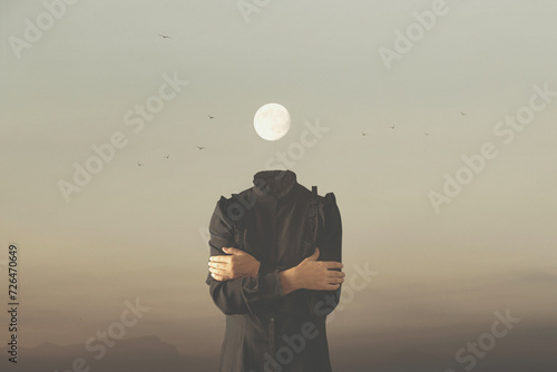 surreal moment of a woman with the moon in place of her face, abstract concept