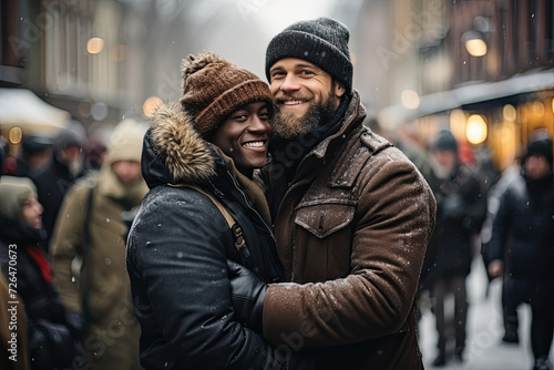 Two individuals embody the warmth and intimacy of human connection, as they share an affectionate hug on a bustling urban street.