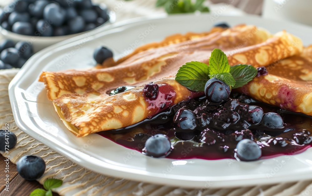 Crepes with blueberry Sauce and fresh berries on a white plate Crepes with blueberry Sauce and fresh berries on a white plate