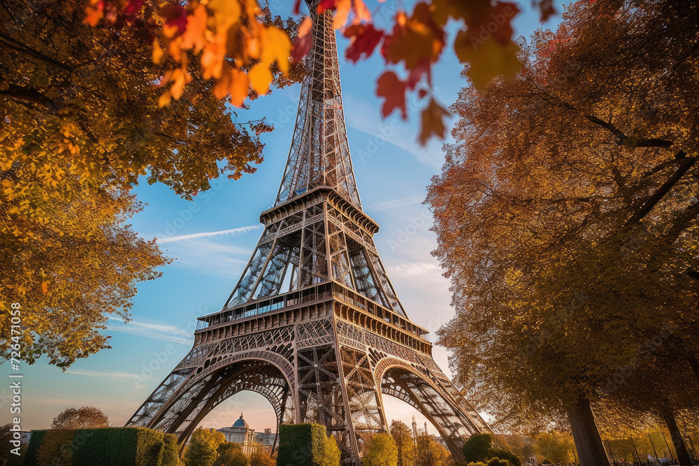 Scenic View of the Seine and the Eiffel Tower in Autumn - Generative AI - obrazy, fototapety, plakaty 