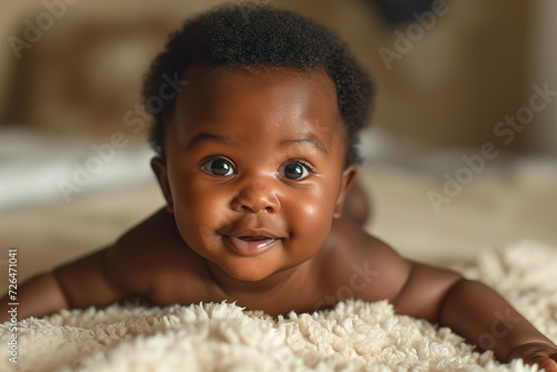 cute african american 4 month old baby tummy time beige background