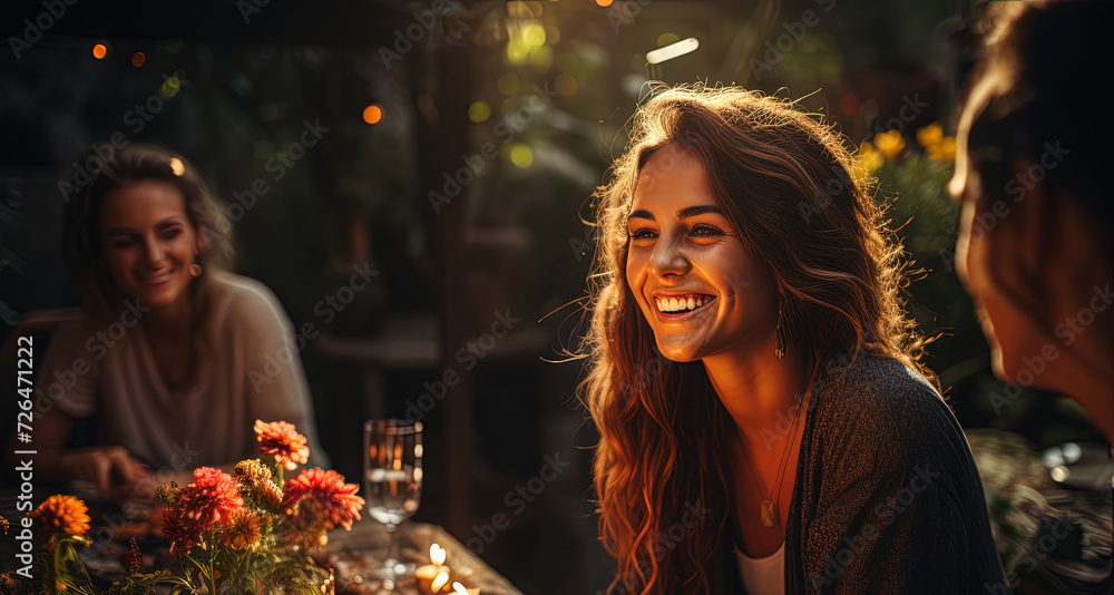 Vibrant and joyful group of women sharing a delightful meal and engaging in lively conversation, radiating warmth and unity. Vibrant and joyful group of women sharing a delightful meal and engaging in lively conversation, radiating warmth and unity.