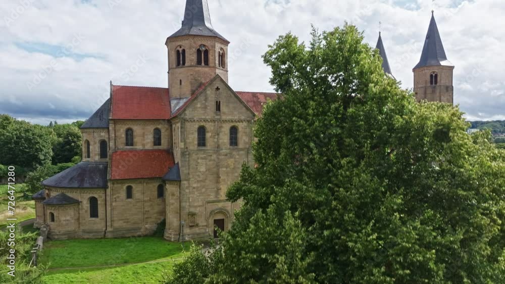 Aerial drone view of St. Godehard . It is a Catholic church in Hildesheim, Lower Saxony , Germany . Kath. Pfarrkirche Basilika St. Godehard . Aerial drone view of St. Godehard . It is a Catholic church in Hildesheim, Lower Saxony , Germany . Kath. Pfarrkirche Basilika St. Godehard .