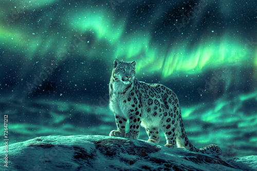 Snow leopard stands on a snowy hilltop under a green northern lights sky. Beautiful winter landscape. Snow is falling