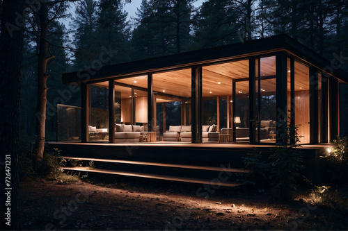 Modern luxury Glass cottage in the woods at night. Modern cabin house in deep forest © Bockthier