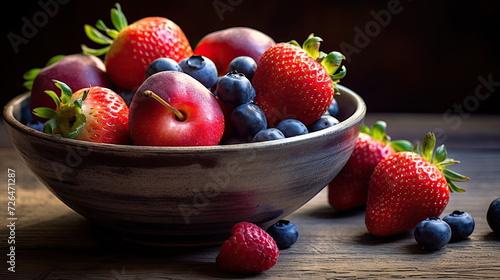 Fresh Strawberries and Blueberries in a Ceramic Bowl on a Wooden Table - Generative AI