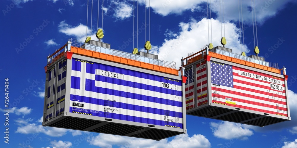 Shipping containers with flags of Greece and USA - 3D illustration
