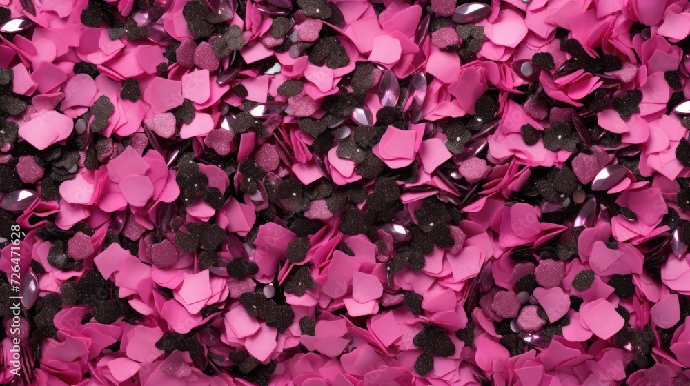 Glittering Pink and Black Confetti. Sparkling pink and black confetti scattered on a dark surface. Glittering Pink and Black Confetti. Sparkling pink and black confetti scattered on a dark surface.