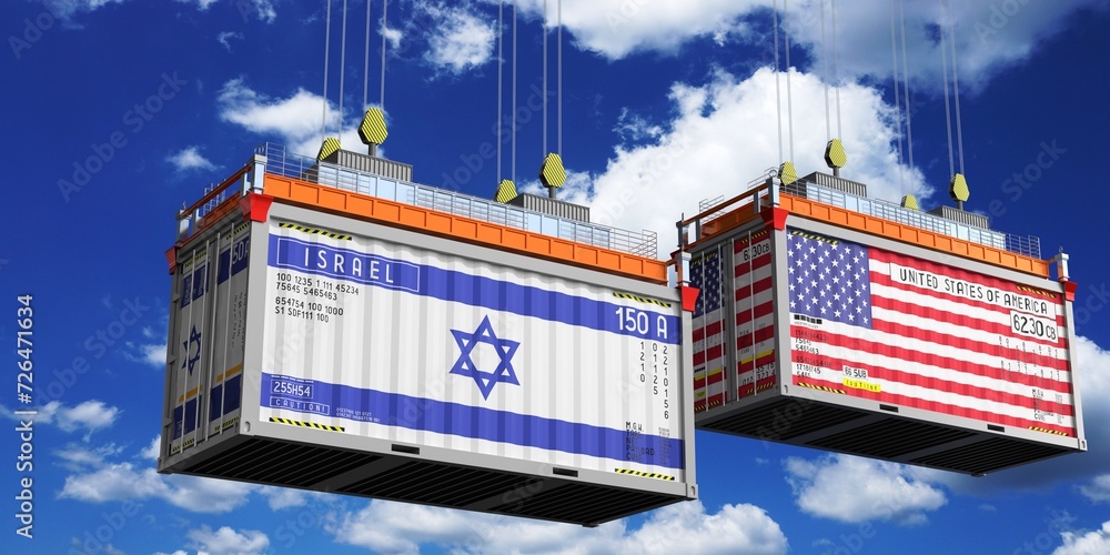 Shipping containers with flags of Israel and USA - 3D illustration