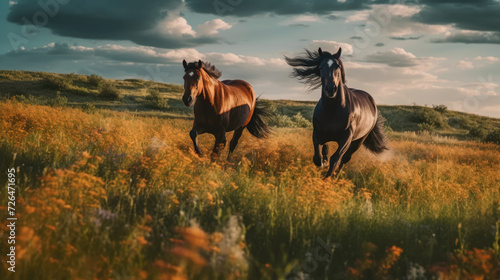 Two Horses Galloping Freely at Sunset in a Blooming Meadow - Generative AI © Zeynep