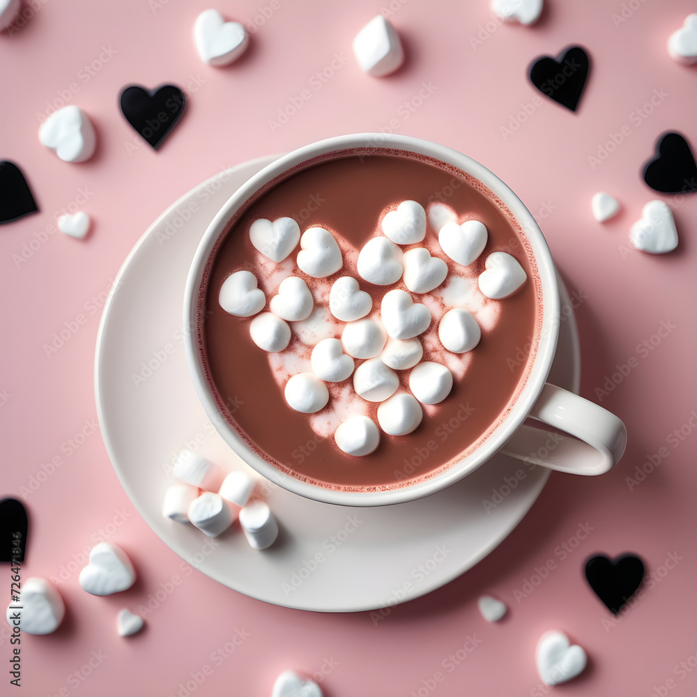 cup of hot chocolate with marshamllow - pink background, black hearts cup of hot chocolate with marshamllow - pink background, black hearts