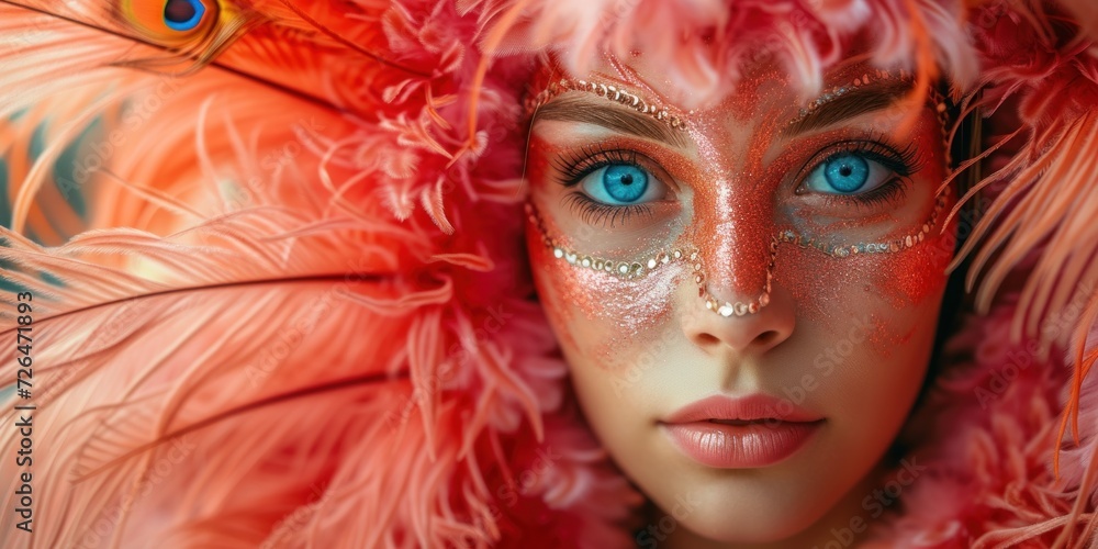 portrait of a beautiful girl with blue eyes decorated with fluffy pink feathers, Mardi Gras carnival, poster