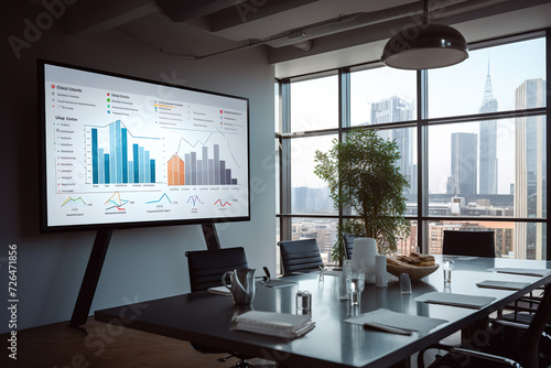 Meeting room with a large screen for presentations, along with a table with paper documents and refreshment surrounded by windows with visible metropolis. photo