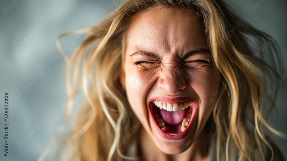 A woman with blonde hair and red lipstick is looking upwards and screaming, generative ai A woman with blonde hair and red lipstick is looking upwards and screaming, generative ai