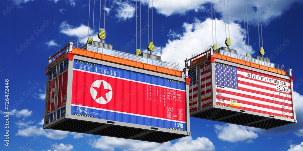 Shipping containers with flags of North Korea and USA - 3D illustration