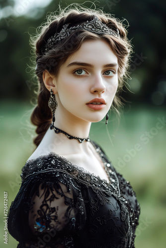 A striking fashion model with long hair and bold red lipstick poses outdoors in a black dress, accentuated by a delicate necklace and a fierce expression, exuding confidence and elegance in this capt photo