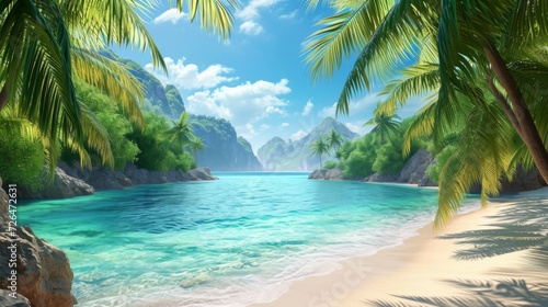 Tropical Beach Paradise Realism. A hyperrealistic tropical beach paradise with crystal clear waters and lush palms. © Oksana Smyshliaeva