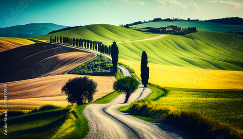  italy tuscany countryside rolling hills  summer farmland and country road. Generative AI.