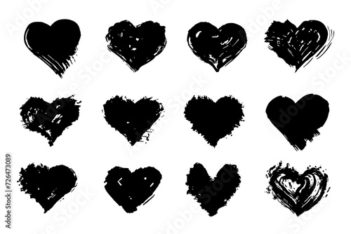 Grunge hearts set,abstract distress ink texture.Hand-drawn gouache romantic decoration for Valentine Day.Love symbol,festive design for holiday February 14.Watercolor smear,roughness and scuffs.
