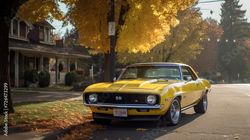 A Yellow Muscle Car Parked in Front of a Building on a Cobblestone Street - Generative AI