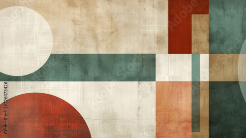Abstract background in artistic Bauhaus style, combining earth tones of taupe, jade green and rust red with a simple geometric pattern © boxstock production