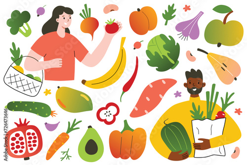 People eating and buying fruit and vegetable, grocery store, eco vegan lifestyle, organic food hand drawn set, icons of avocado, mango, cabbage, vector illustrations of men and women with vegetables
