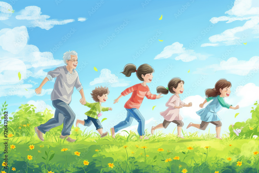 Obraz premium A happy and happy family running under the blue sky, white clouds.