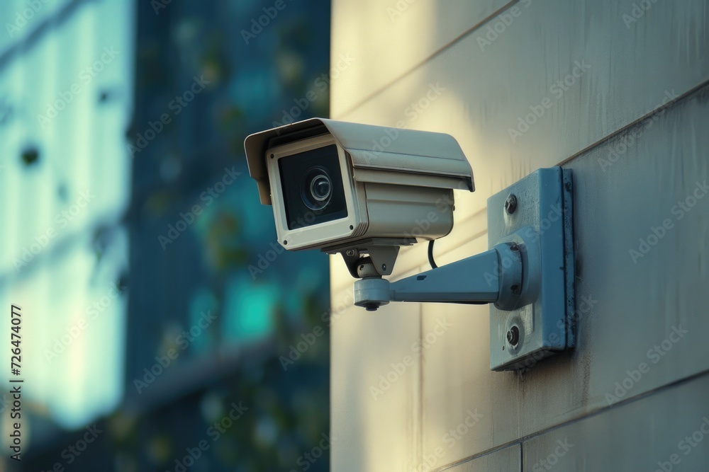 A security camera mounted on the side of a building. Can be used for surveillance and monitoring purposes A security camera mounted on the side of a building. Can be used for surveillance and monitoring purposes