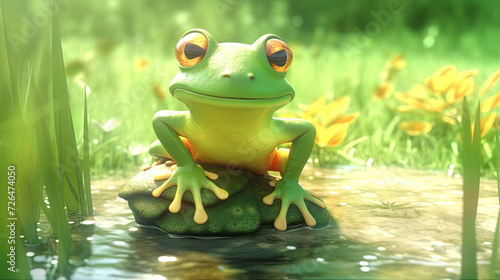 Green Frog Standing on a Rock in a Pond with Yellow Flowers - Generative AI © Zeynep