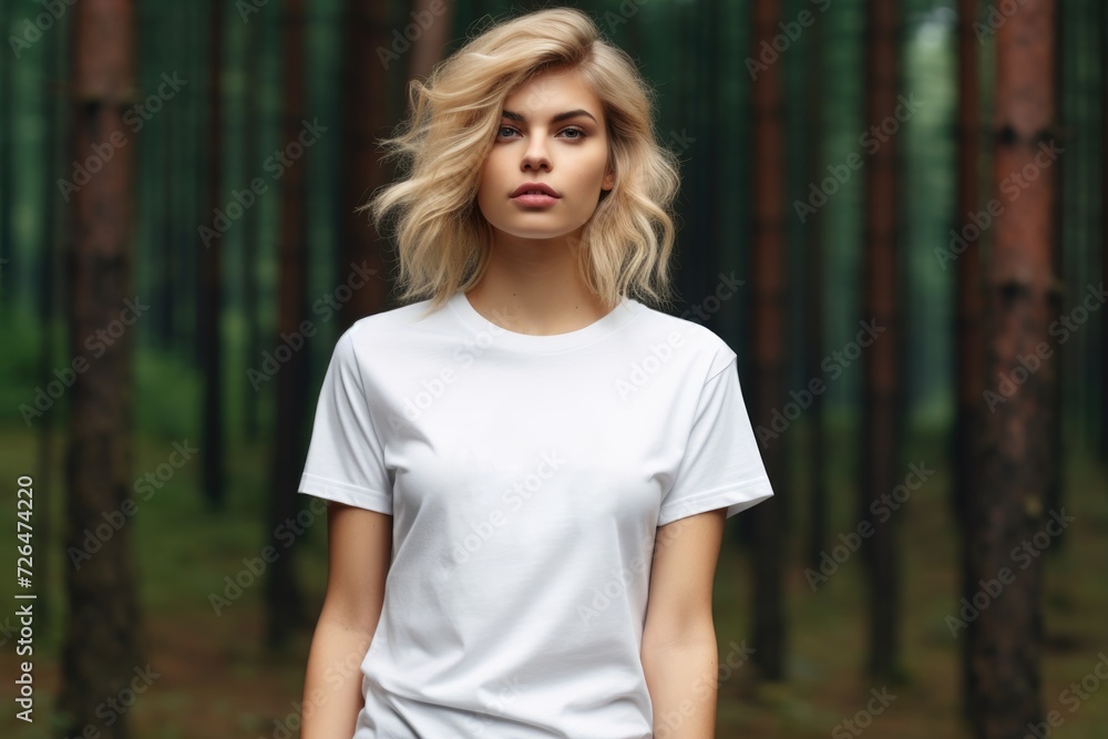 White blank t shirt mock up. Woman in forest White blank t shirt mock up. Woman in forest