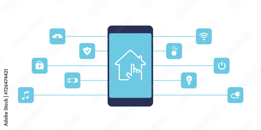 Smart home control by smartphone. Wireless wi fi connection and house technology. Mobile phone connections with icons home electronics devices. User button. Vector illustration isolated on white. Smart home control by smartphone. Wireless wi fi connection and house technology. Mobile phone connections with icons home electronics devices. User button. Vector illustration isolated on white.
