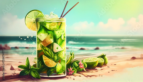 Long Drink mojito cocktail; summer tropical sunny beach drink bar. Generative AI. photo