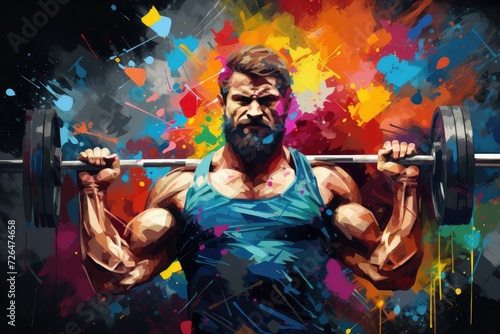 Watercolor abstract illustration of Bodybuilding. Waist-high Athletic man with barbell in colorful Paint Splash style. Athlete watercolour painted in gym. Sport Background with brush strokes splatters