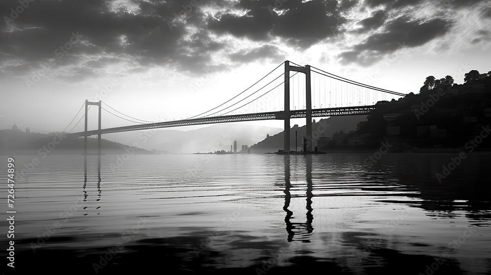 Obraz premium Bosphorus Bridge Connecting Two Continents at Sunset in Istanbul - Generative AI