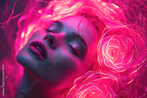 Colorful Beauty: A Bright and Glamourous Portrait of a Young Female Model with Red Hair, Wearing Trendy Makeup and Neon Lipstick, Lying on a Multicolored Abstract Background.