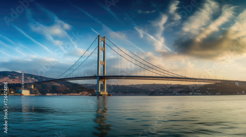 Bosphorus Bridge Connecting Two Continents at Sunset in Istanbul - Generative AI