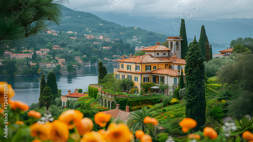 A traditional Italian villa, with terracotta rooftops as the background, during a blooming season