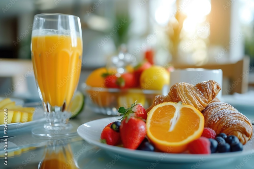 A plate of fruit and croissants on a table. Perfect for breakfast or brunch settings A plate of fruit and croissants on a table. Perfect for breakfast or brunch settings