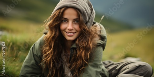 Beautiful lady woman girl female face portrait at nature outdoor background landscape. Freedom and vacation spiritual
