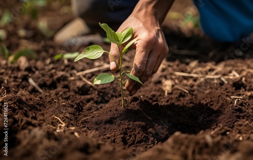 hands from a close-knit community come together to plant a young sapling, symbolizing collective growth, environmental stewardship, and the nurturing bond between people and nature.Generated image