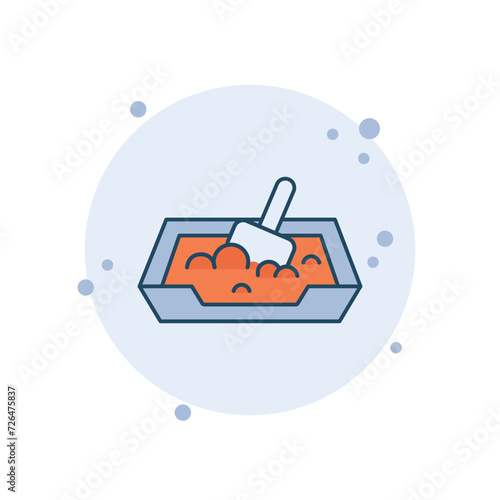 Cartoon cat litter toilet icon vector illustration. Litter box on bubbles background. Pet tray sign concept.