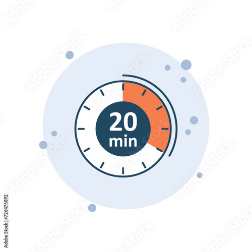 Cartoon clock icon vector illustration. 20 min timer on bubbles background. Countdown sign concept.