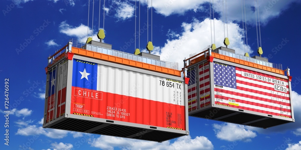 Shipping containers with flags of Chile and USA - 3D illustration