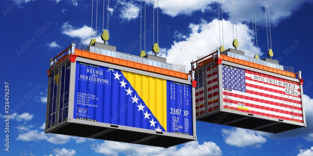 Shipping containers with flags of Bosnia and Herzegovina and USA - 3D illustration